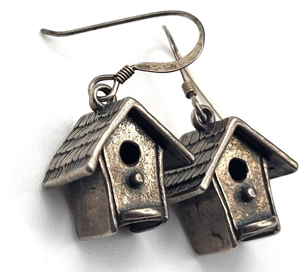 Artisan Sterling Silver Birdhouse Dangle Drop Earrings 1in